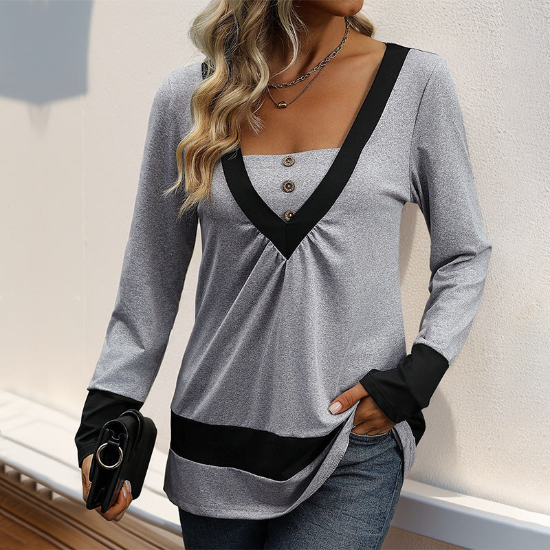 Damen Longsleeve mit tiefem V-Ausschnitt, Zierknopfleiste und Kontrastbordüren Drune