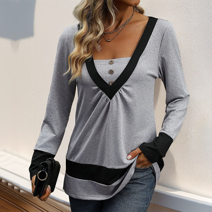 Damen Longsleeve mit tiefem V-Ausschnitt, Zierknopfleiste und Kontrastbordüren Drune