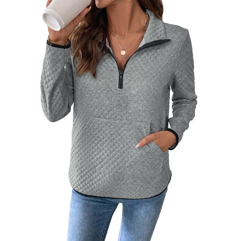 Damen Gepolsterter gesteppter Pullover mit Halbreißverschluss und Kängurutasche Drune