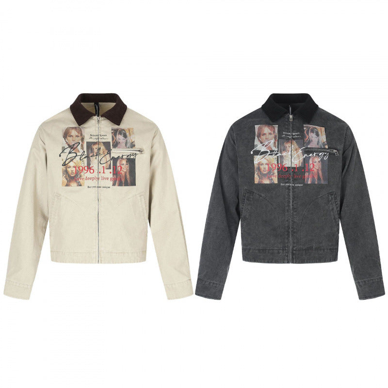 Herren Kurz geschnittene Canvas-Bomberjacke mit Cordkragen und großflächigem Fotocollage‑Print Drune