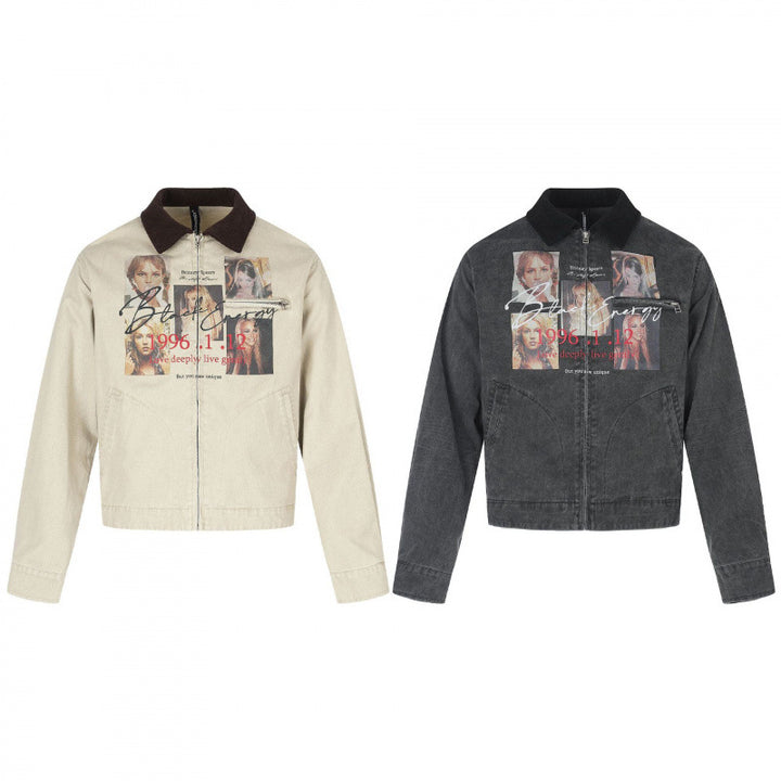 Herren Kurz geschnittene Canvas-Bomberjacke mit Cordkragen und großflächigem Fotocollage‑Print Drune