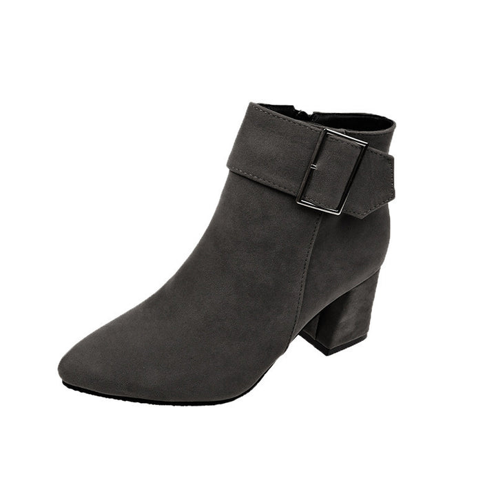 Damen nan elegante Wildlederoptik Stiefelette mit mittelhohem Blockabsatz und breitem Schnallenriemen Drune