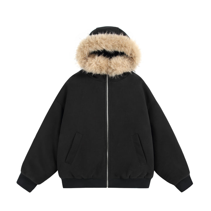 Damen Kurzboxy Kapuzenblouson aus French‑Terry mit voluminöser Kunstfellkante Drune
