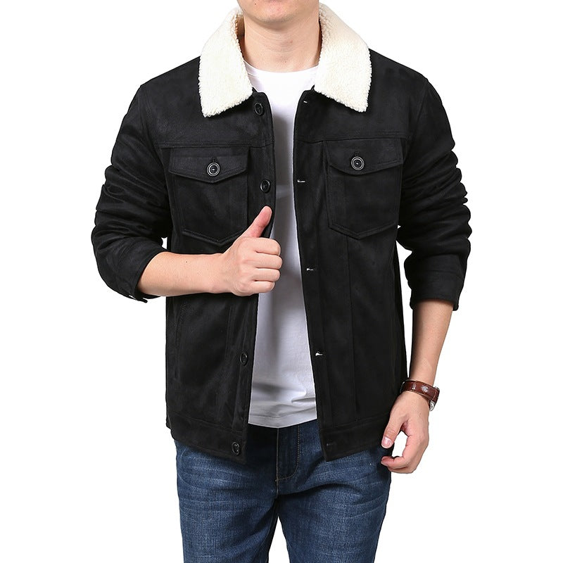 Herren Velourslederoptik Hemdjacke im Trucker‑Stil mit Teddykragen & Pattentaschen Drune