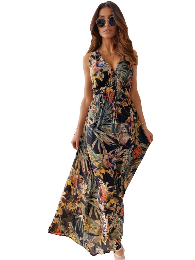 Damen Maxikleid mit V-Ausschnitt und raffiniertem Bindegürtel Drune