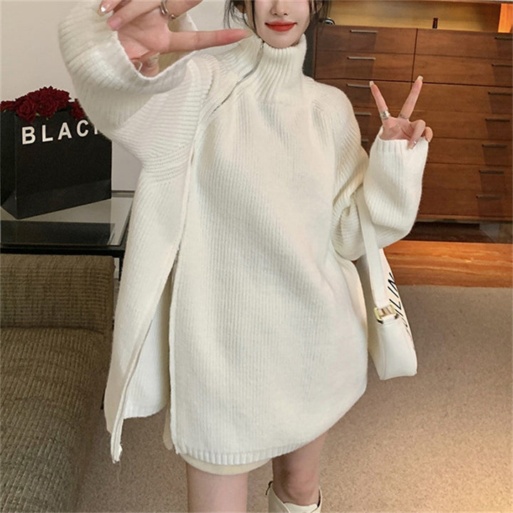 Damen Oversized Rollkragenpullover mit seitlichem Reißverschluss und geripptem Design Drune