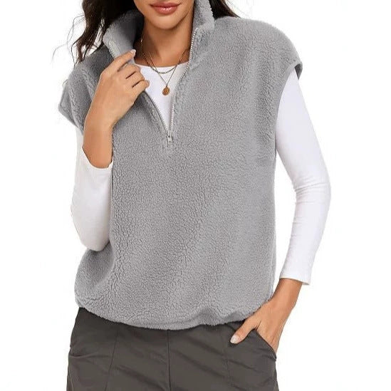Damen Ärmellose Teddy-Fleece-Weste mit halbem Reißverschluss und Stehkragen Drune
