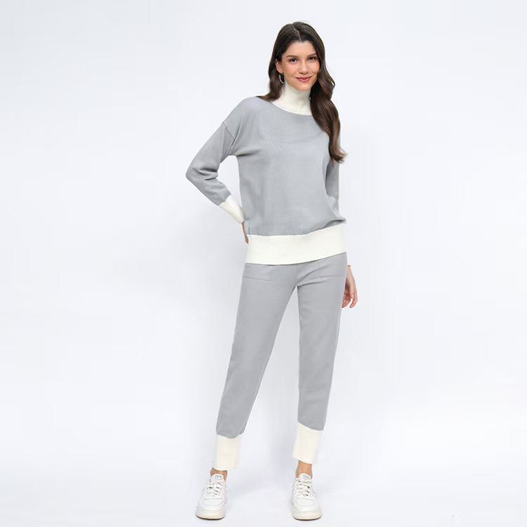 Damen komfortables Strick-Loungewear-Set mit hohem Kragen und elastischen Bündchen Drune