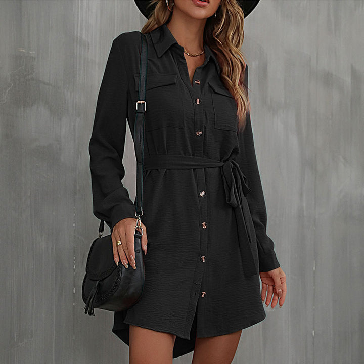 Damen Lockeres Hemdblusen-Minikleid mit Taillengürtel und aufgesetzten Brusttaschen Drune