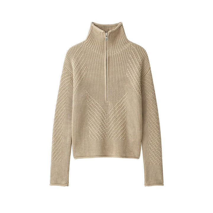 Damen Grobstrick-Pullover mit halbem Reißverschluss und hohem Stehkragen Drune