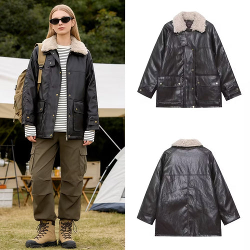 Damen Oversized Kunstleder-Fieldjacke mit abnehmbarem Teddykragen und aufgesetzten Pattentaschen Drune
