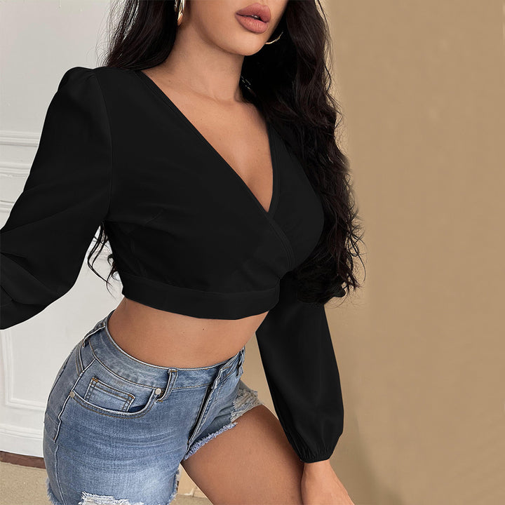 Damen cropped Oberteil mit tiefem V-Ausschnitt und eleganten Puffärmeln Drune