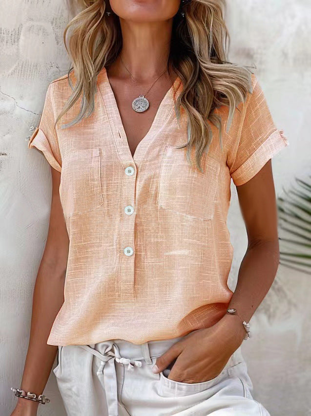 Damen Kurzarm Leinenbluse mit Knopfdetails Drune