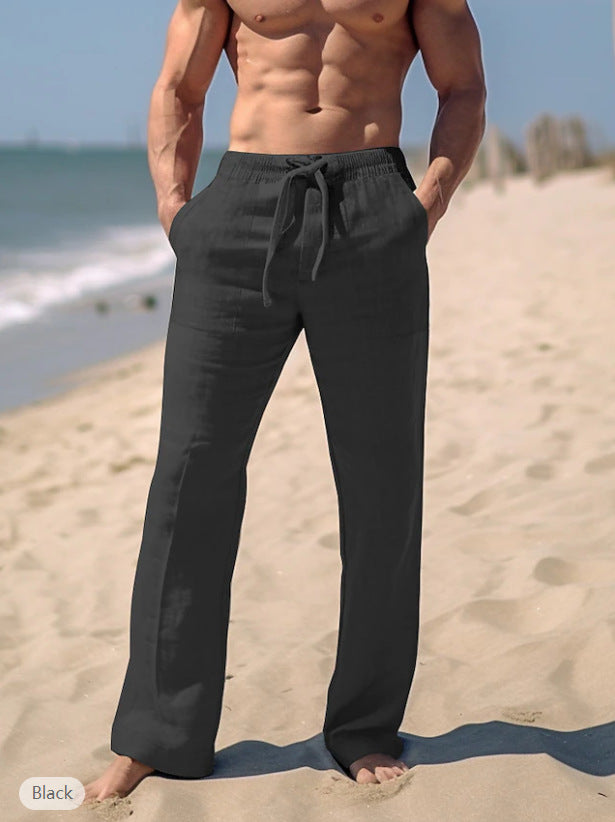 Herren weite Resort-Freizeithose im Palazzo-Stil aus Leinenmix mit Tunnelzug und seitlichen Eingrifftaschen Drune
