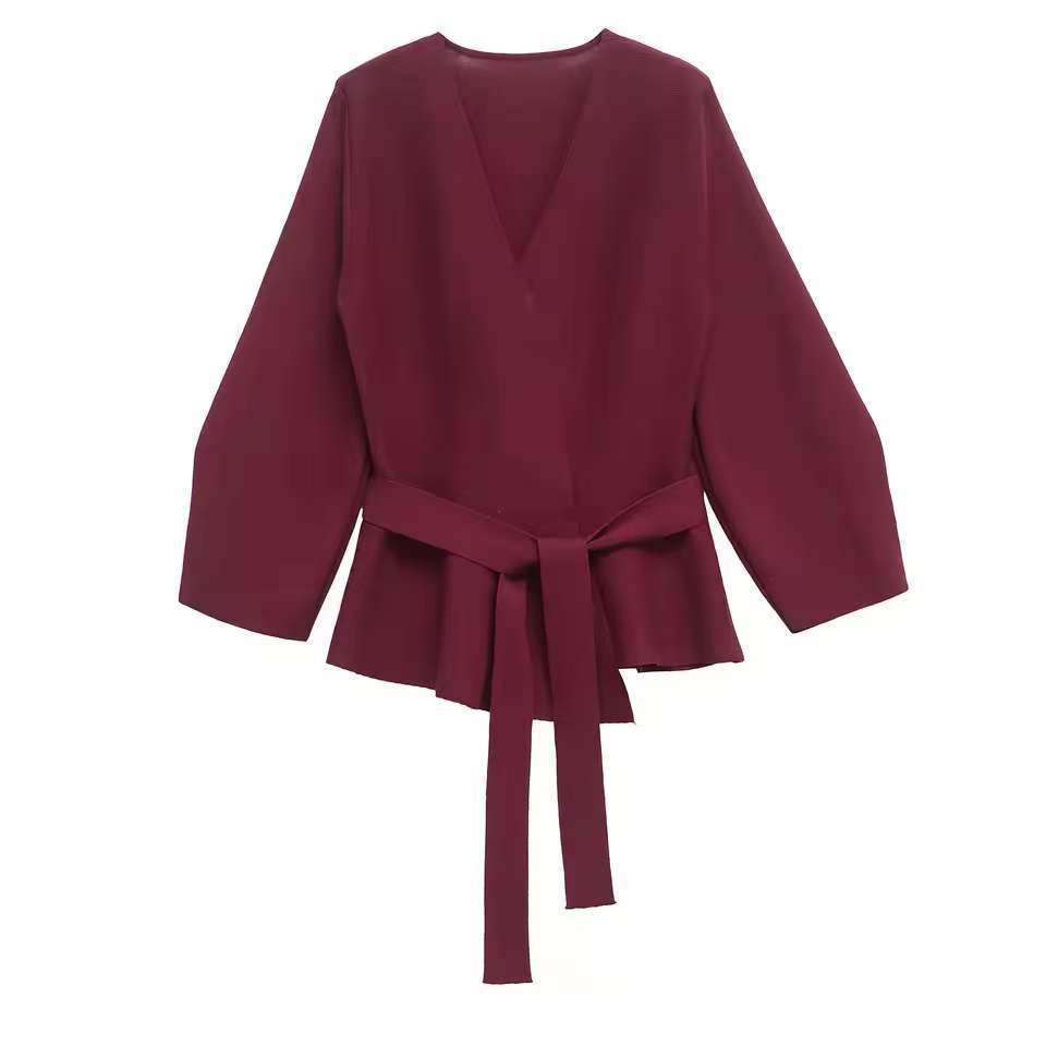 Damen Taillierte Bluse mit Wickelgürtel und Schößchen Drune