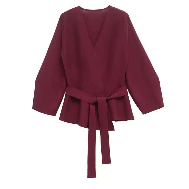 Damen Taillierte Bluse mit Wickelgürtel und Schößchen Drune
