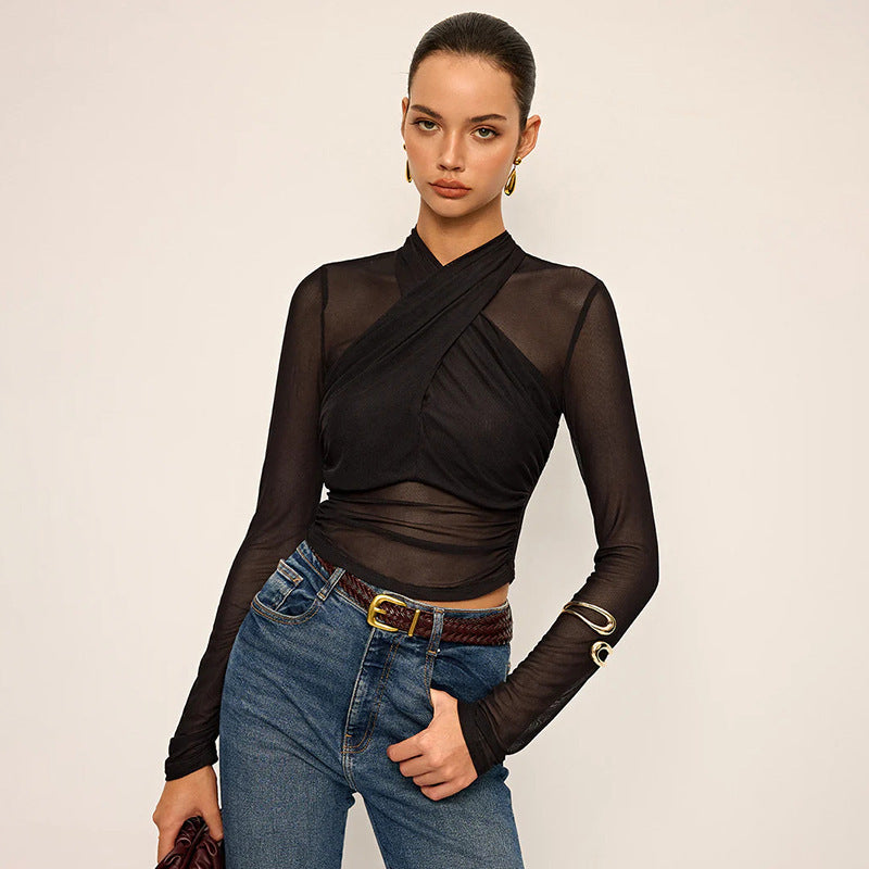 Damen Elegantes Langarm-Top mit Wickel-Design und transparenten Einsätzen Drune