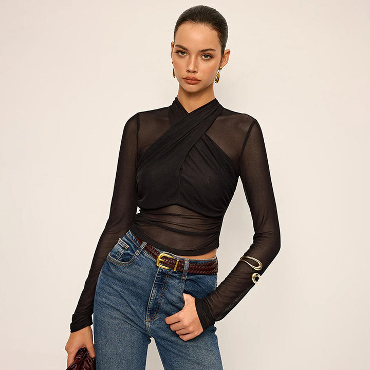 Damen Elegantes Langarm-Top mit Wickel-Design und transparenten Einsätzen Drune