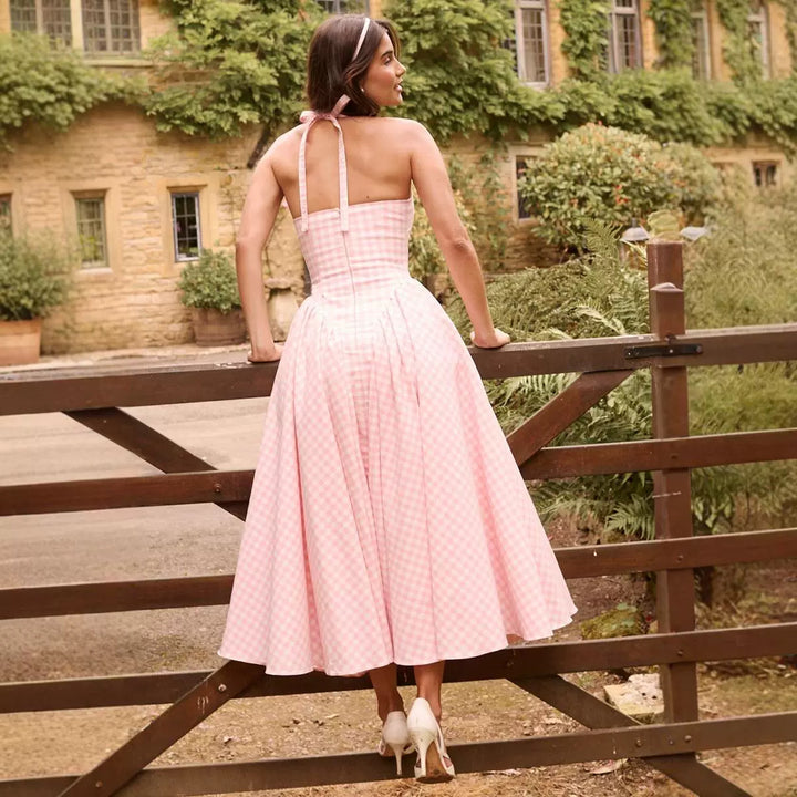 Damen Maxikleid mit V-Ausschnitt und bindbarem Rückengurt Drune