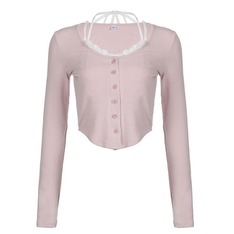 Damen Cropped Langarmshirt mit verspieltem Knopfleisten-Design und raffinierten Trägerdetails Drune