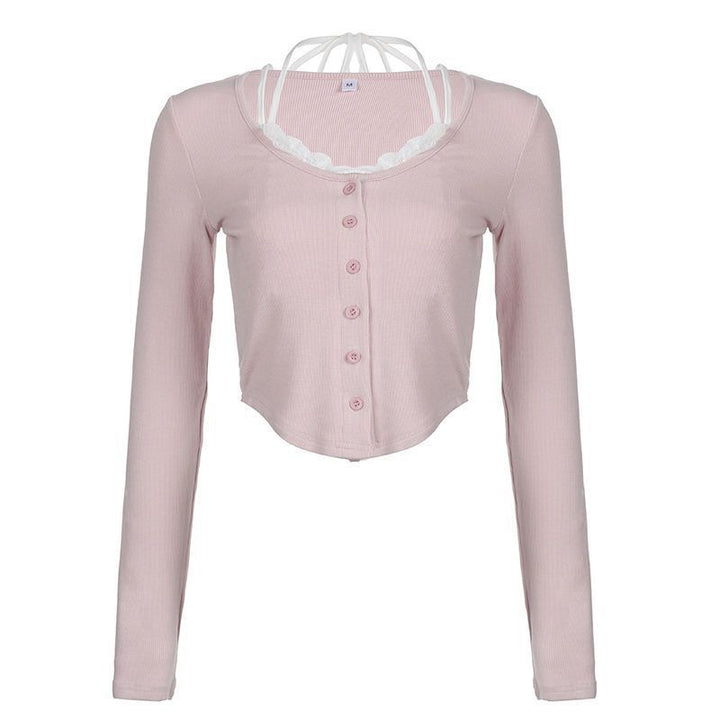Damen Cropped Langarmshirt mit verspieltem Knopfleisten-Design und raffinierten Trägerdetails Drune