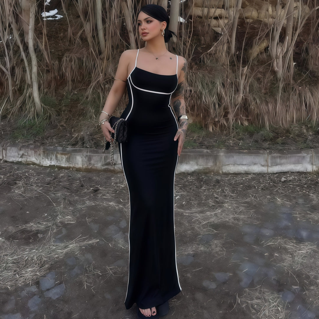 Damen elegantes Maxikleid mit schmalen Trägern und figurformendem Schnitt Drune