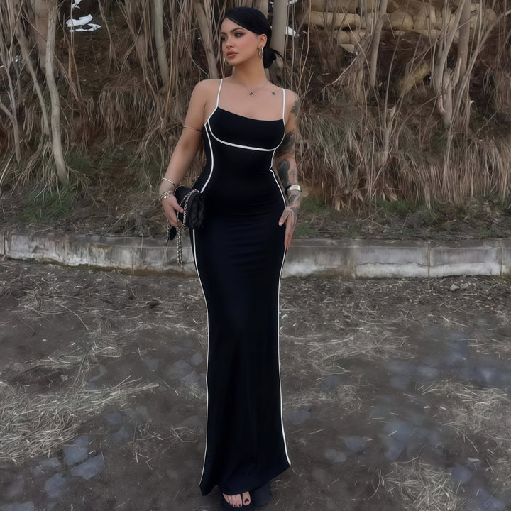 Damen elegantes Maxikleid mit schmalen Trägern und figurformendem Schnitt Drune