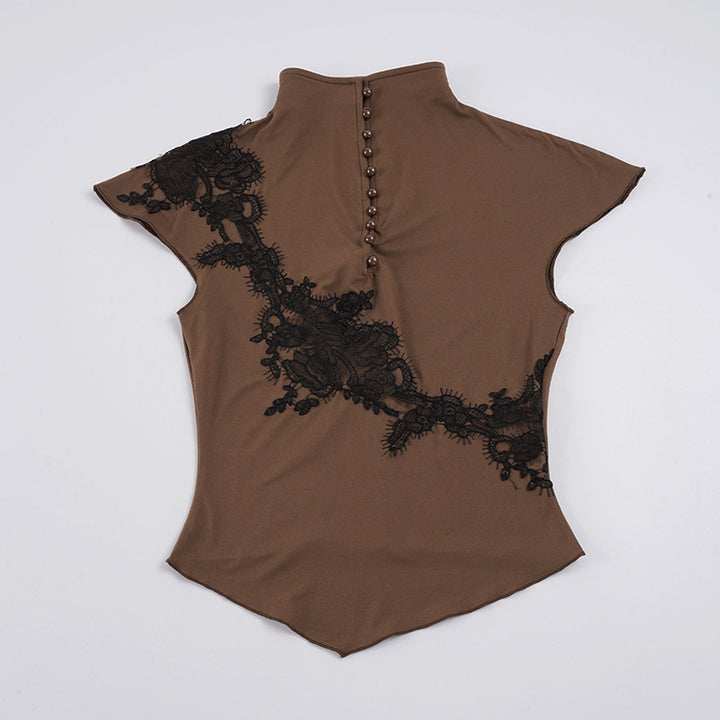 Damen Elegantes Poloshirt mit Spitzenapplikation und Knopfdetails Drune