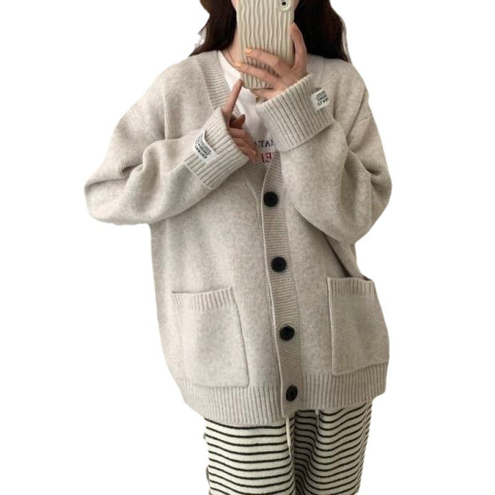 Damen Gemütliche Strickjacke mit tiefem V-Ausschnitt und großen Taschen Drune