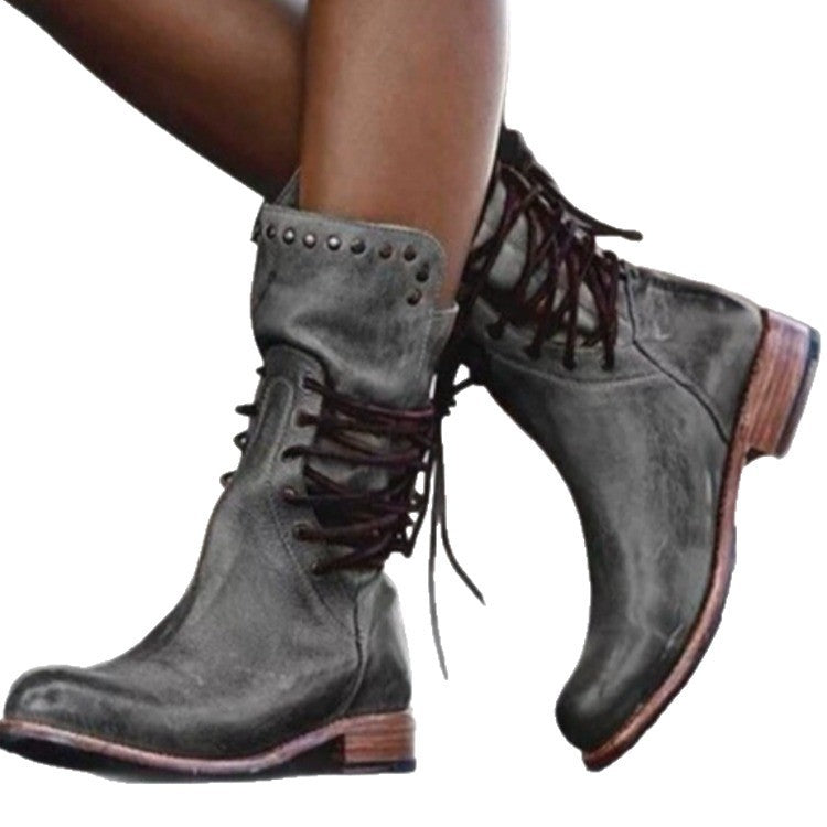 Damen Schnürstiefel im Vintage-Look aus Lederimitat mit Nietenbesatz und niedrigem Blockabsatz Drune