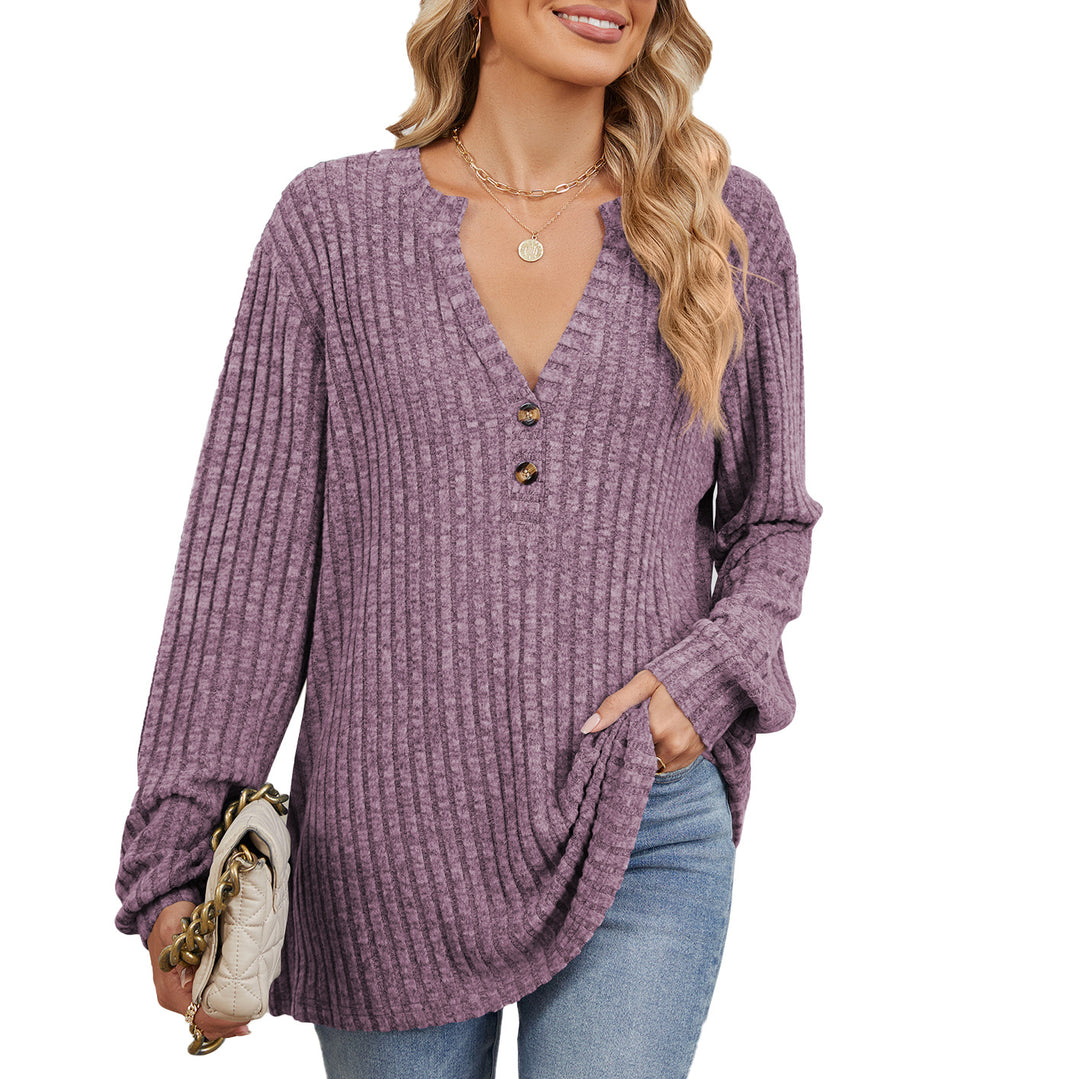 Damen Langarmshirt mit strukturiertem V-Ausschnitt und Knopfdetails Drune