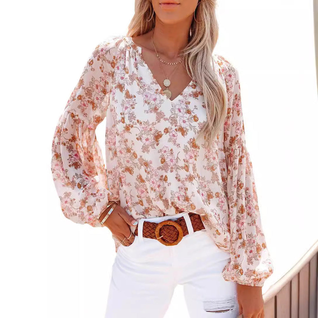 Damen Bluse mit floralen Mustern und V-Ausschnitt Drune