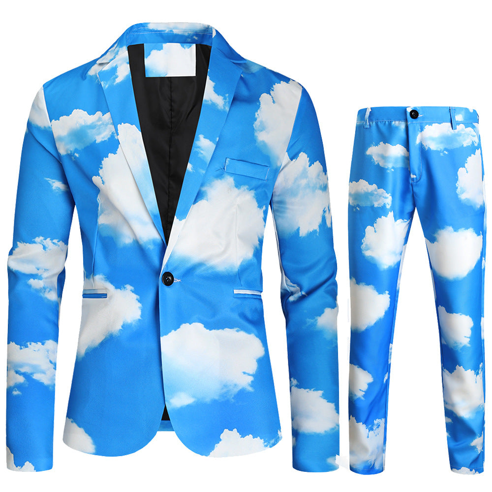 Herren Zweiteiliges Statement-Anzug mit Allover-Wolkenprint und schmaler Silhouette Drune