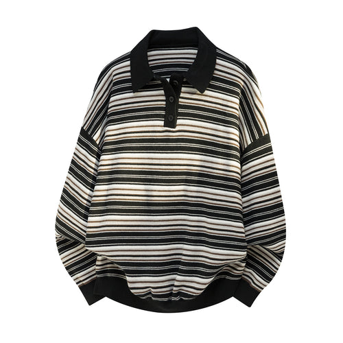 Unisex Oversize Strick-Poloshirt im Retro-Streifen-Muster mit Rippkragen und Drop-Shoulder Drune