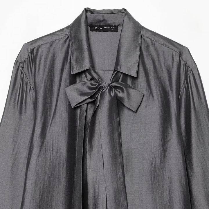 Damen Oversize-Seidenoptik-Bluse mit Schleifenkragen und asymmetrischem Saum Drune