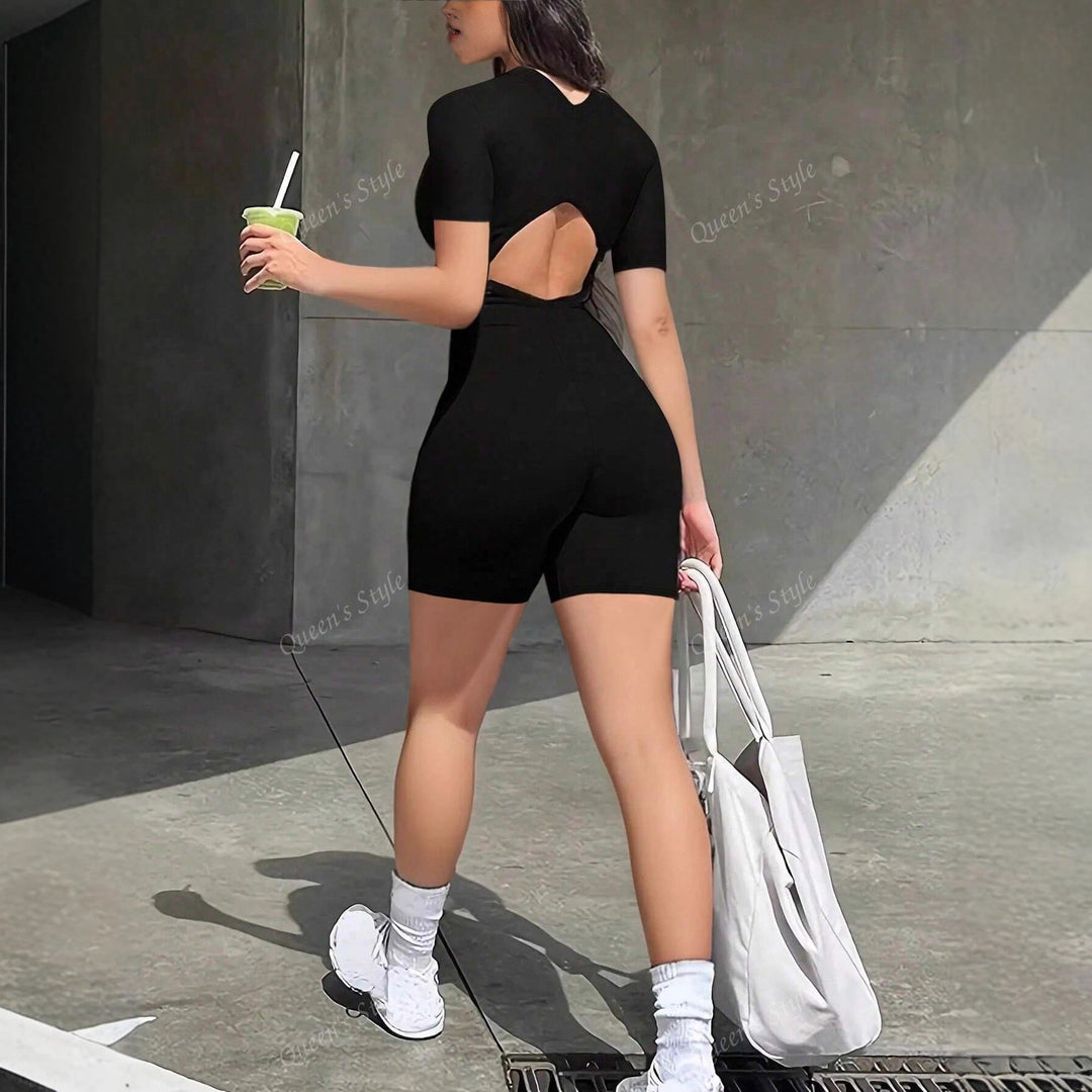 Damen Bodycon Jumpsuit mit kurzem Arm und Reißverschluss Drune