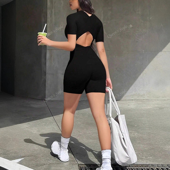 Damen Bodycon Jumpsuit mit kurzem Arm und Reißverschluss Drune