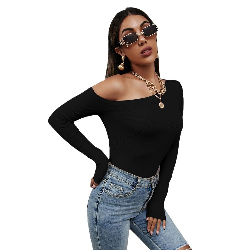 Damen asymmetrisches One-Shoulder Longsleeve-Top mit schlanker Sculpting-Passform und feiner Rippstruktur Drune