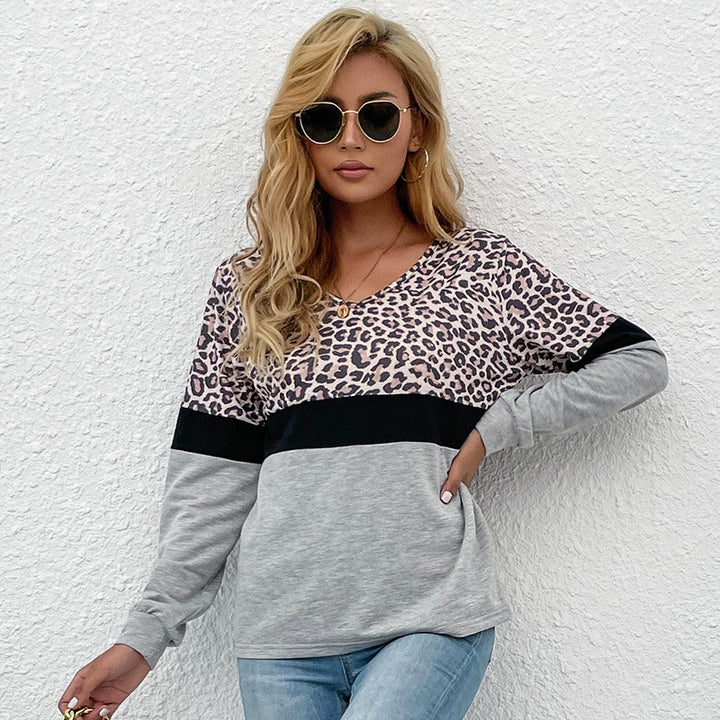 Damen Langarmshirt mit V-Ausschnitt und Leopardenmuster im Colorblock-Design Drune