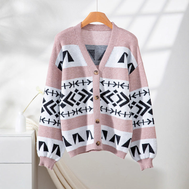 Damen gemütliche Strickjacke mit dekorativem Ethnomuster und offenem Schnitt Drune