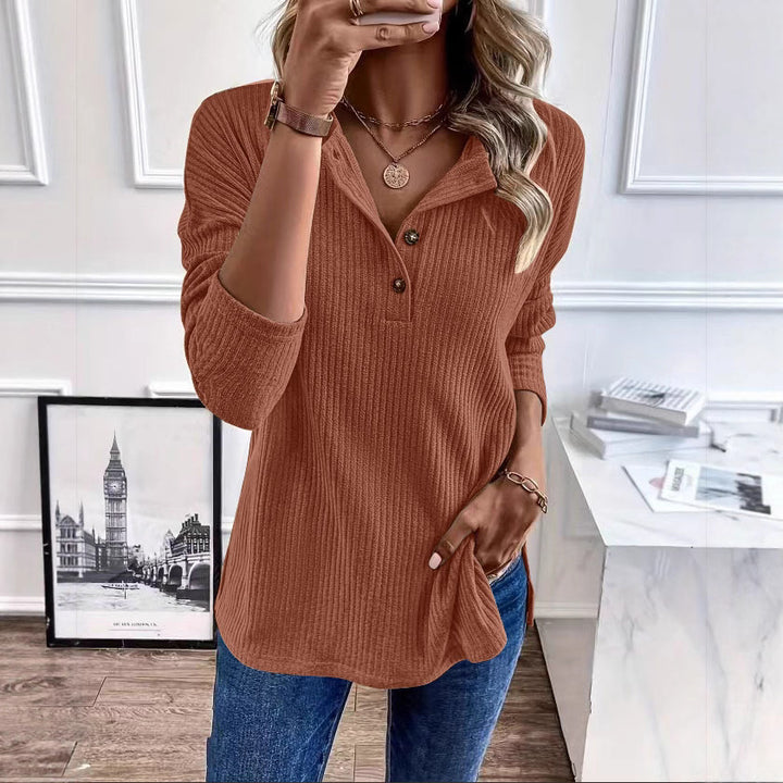 Damen Gerippter Longsleeve-Pullover mit Henley-Kragen und lässiger Tunika-Passform Drune