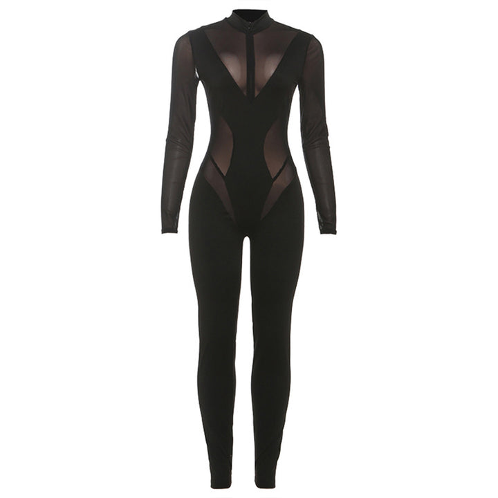 Damen Eleganter Catsuit mit transparenten Einsätzen und hohem Kragen Drune