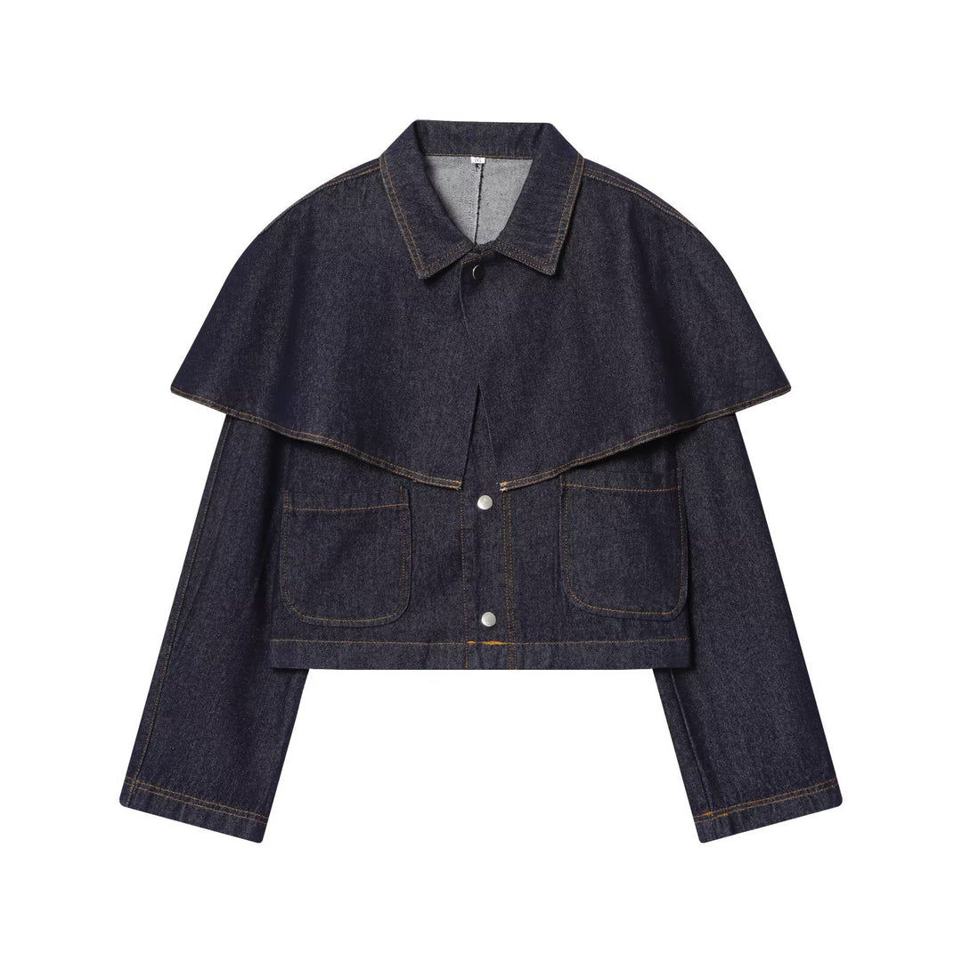 Damen Kurze Jeansjacke mit Cape‑Einsatz, Pattentaschen und Druckknöpfen Drune