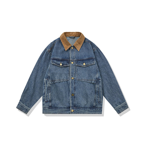 Herren Boxy Denim‑Blousonjacke mit Cordkragen und Multifunktionspattentaschen Drune