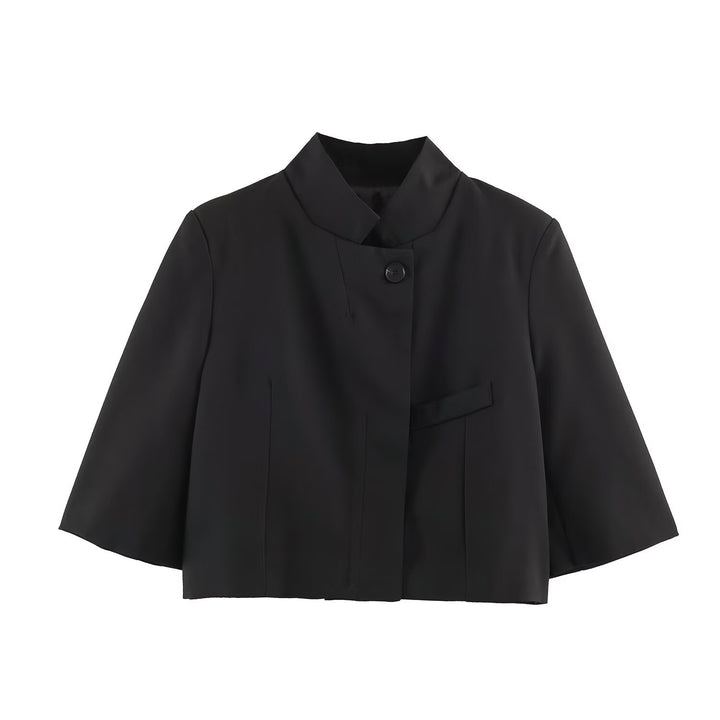 Damen Elegante Cropped-Jacke mit Stehkragen, verdeckter Knopfleiste und 3/4-Ärmeln Drune