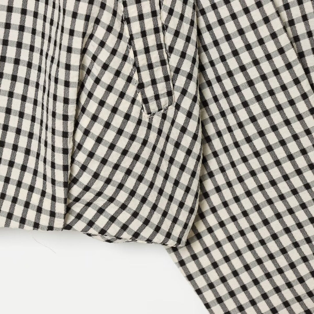 Damen Cropped Boxy-Jacke im Vichy-Karo mit Funnelkragen und verdeckter Knopfleiste Drune