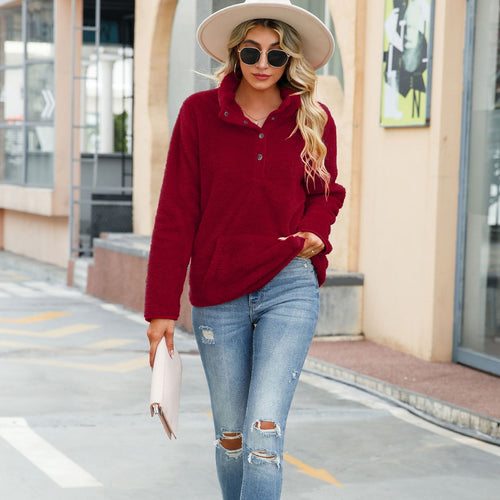 Damen Kuscheliger Fleece-Pullover mit Knopfleiste und Kängurutasche Drune