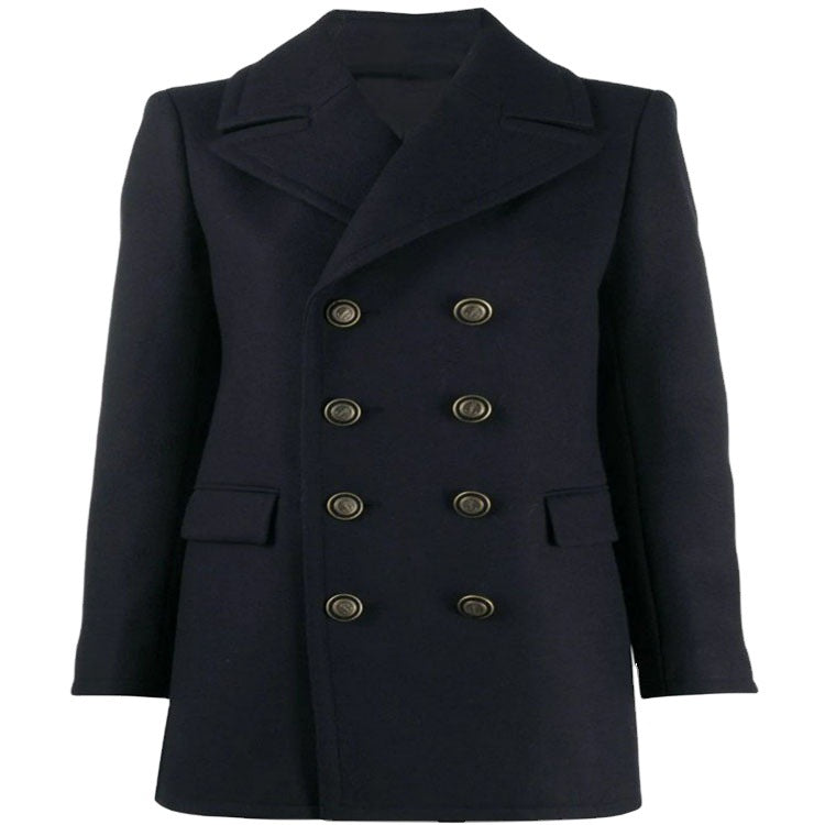 Damen kurztaillierter Zweireihiger Wollmix-Peacoat mit maritimen Details Drune