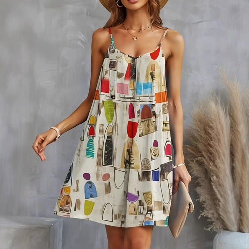 Damen luftiges Sommerkleid mit buntem geometrischem Muster und Kreuzträgern Drune