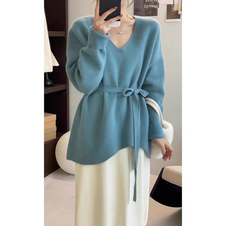 Damen Strickpullover mit V-Ausschnitt und Taillengürtel Drune
